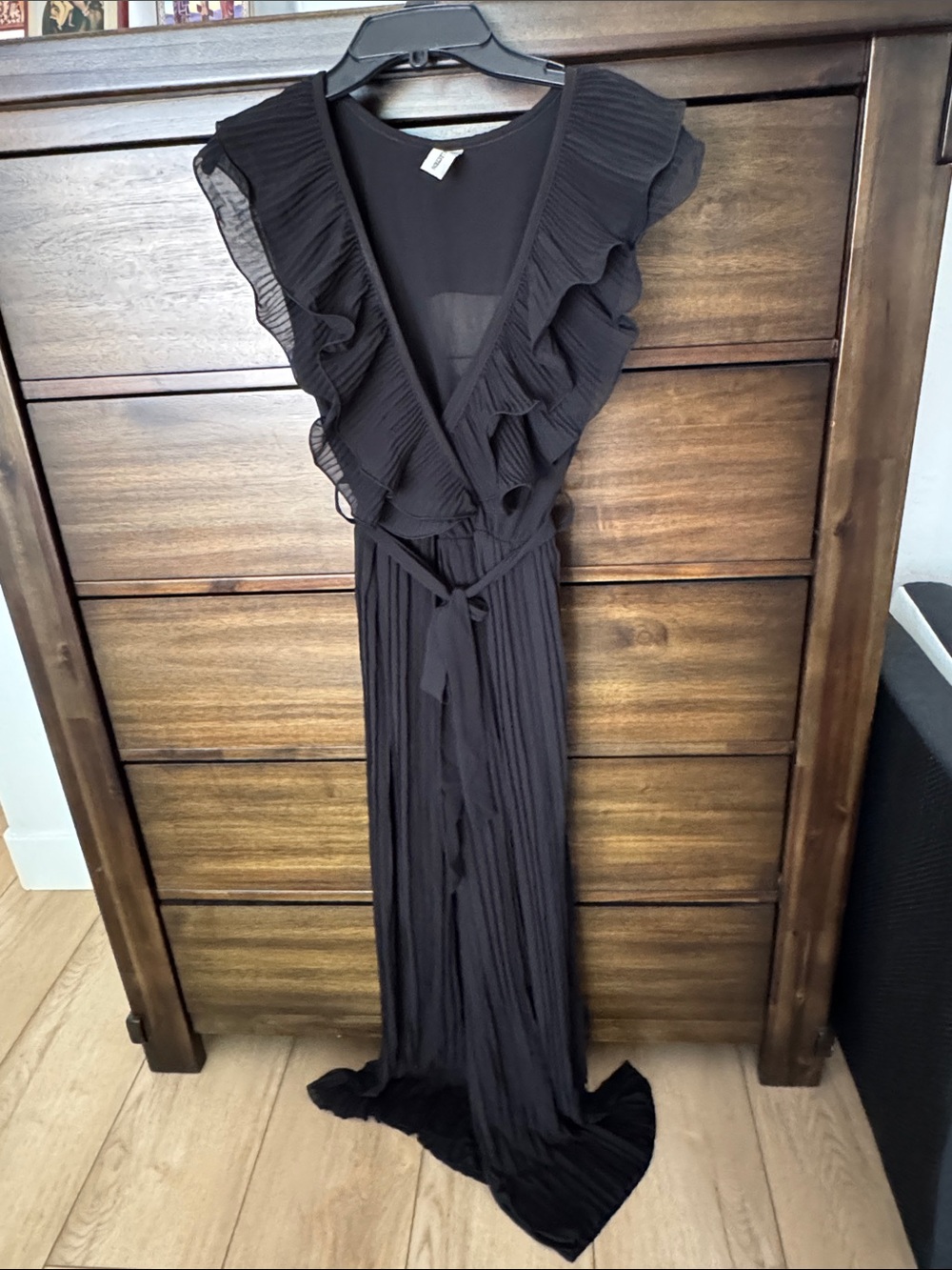 Black Ruffled V-Neck Maxi Jumpsuit- Women